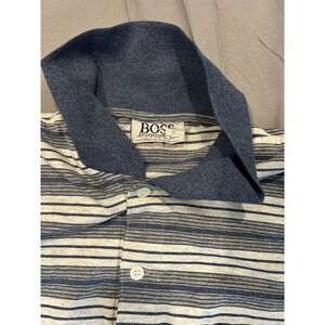 Boss Mens 90S‎ Y2K Vintage Polo Collared, Short Sleeve Striped Blue Shirt xxl